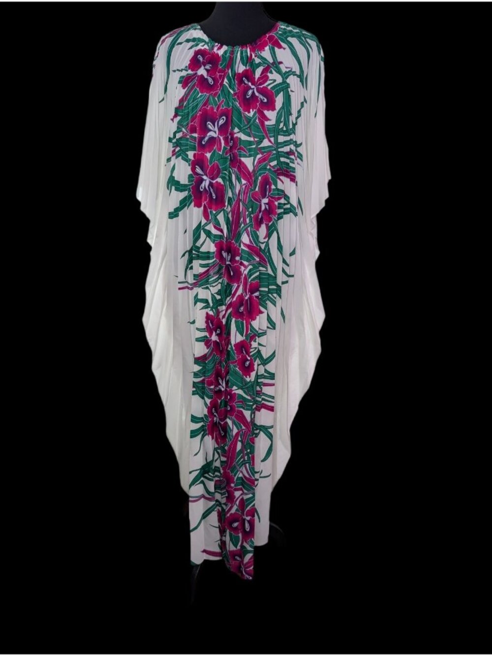 Caftan Accordion Pleat Vtg 60/70s White Pink Floral Kaftan Cape Sleeve One Size